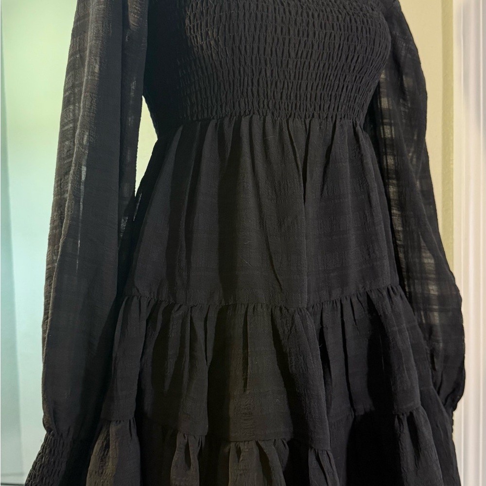 Urban Outfitters River Smocked Long Sleeve Mini Dress Small Babydoll Tiered Boho - Picture 15 of 16